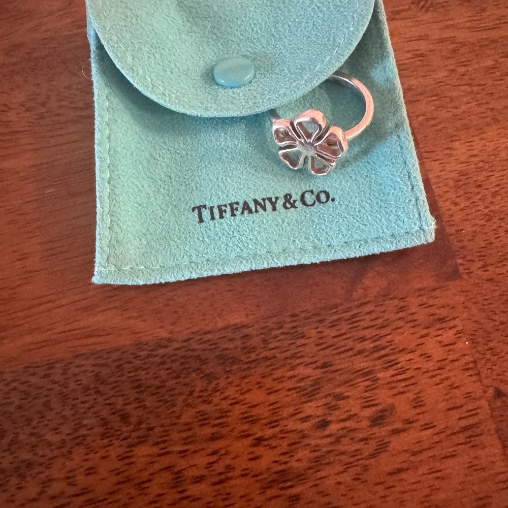Tiffany & Co. Silver Clover Ring with Aqua Pouch